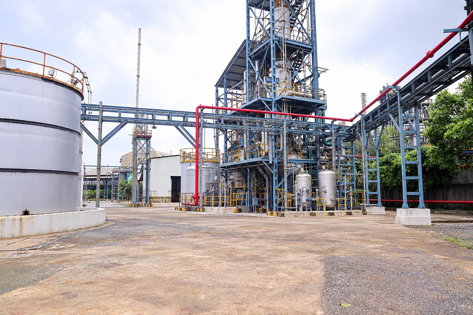 Wide view of the manufacturing facility with process towers, storage tanks and connected pipelines